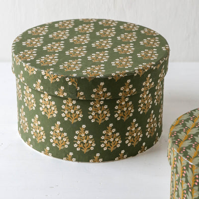 Round Covered Storage Box in Calla Olive - Medium