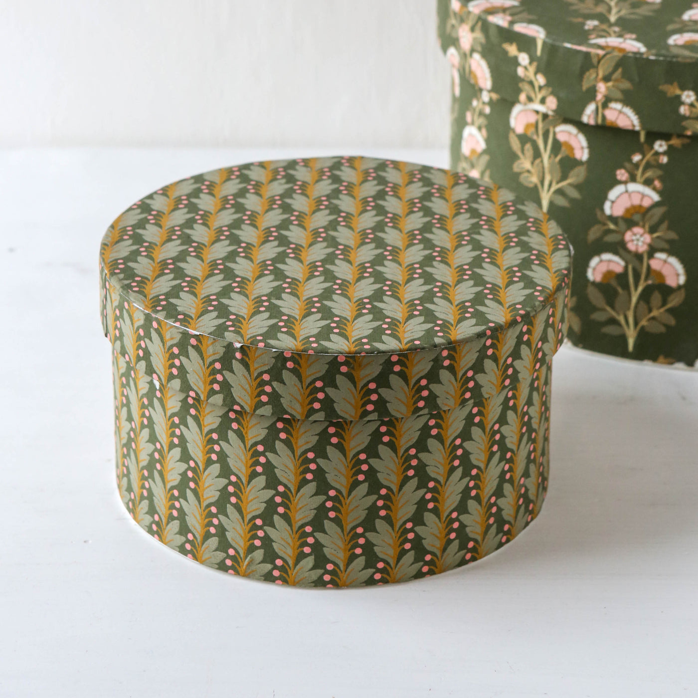 Round Covered Storage Box in Calla Olive - Small