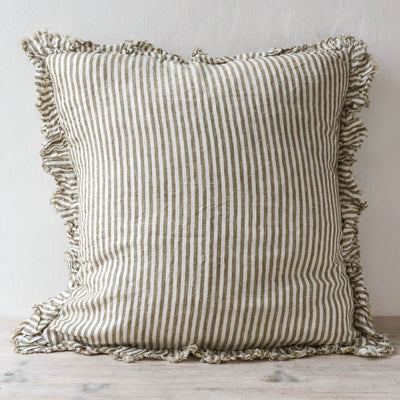 Ruffle Cushion Cover - Olive Stripe