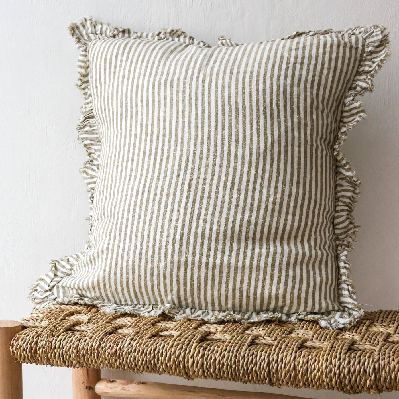 Ruffle Cushion Cover - Olive Stripe