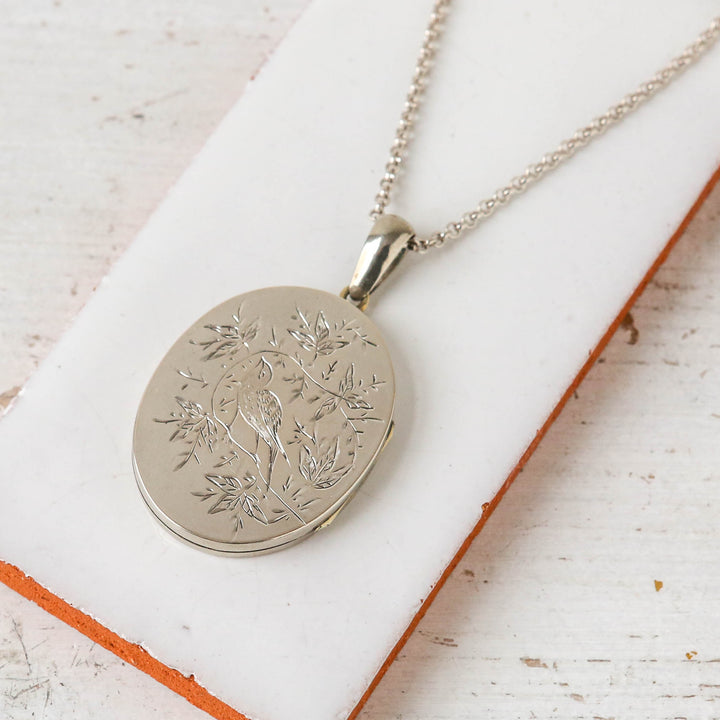 Large Vintage Silver Locket Oval Floral Bird