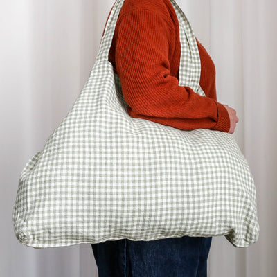 Washed Linen Cotton Sloppy Shoulder Bag - Mint Gingham