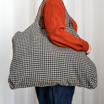 Washed Linen Cotton Sloppy Shoulder Bag - Carbon Gingham