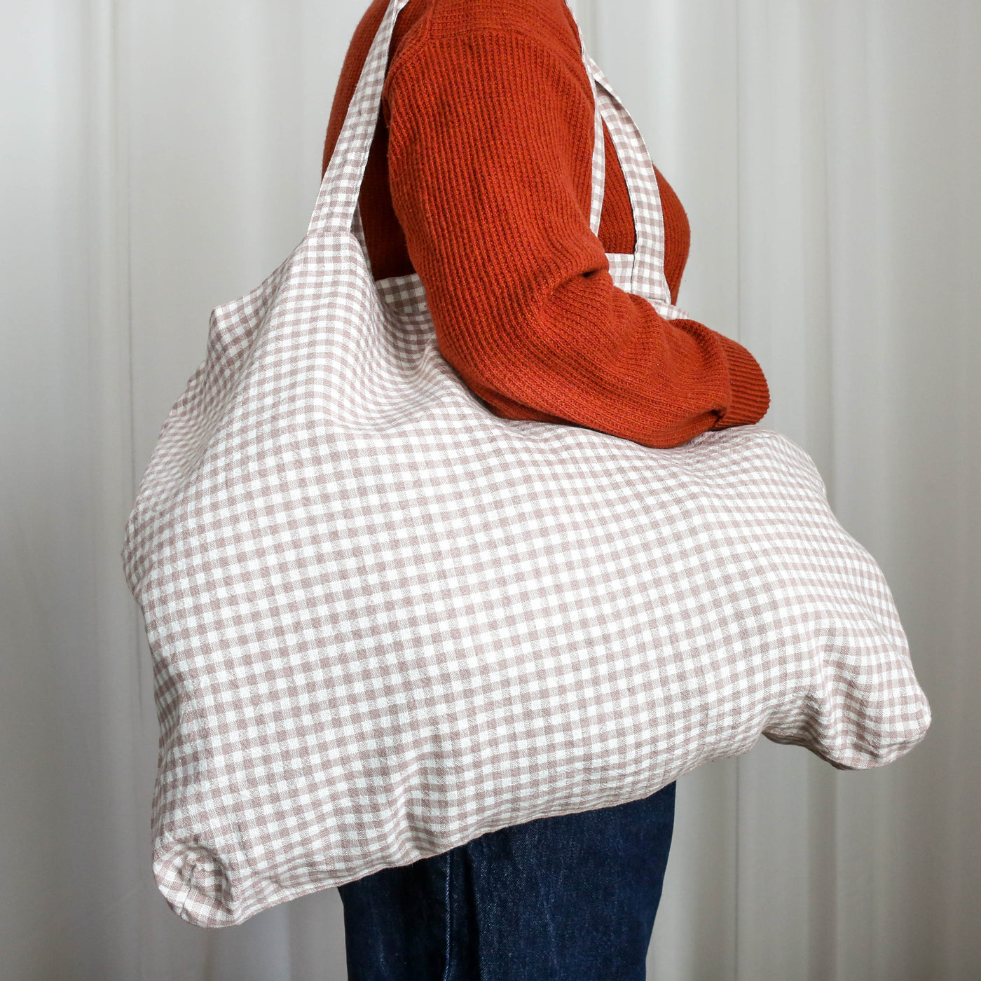 Washed Linen Cotton Sloppy Shoulder Bag - Pink Gingham