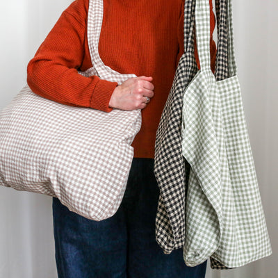 Washed Linen Cotton Sloppy Shoulder Bag - Mint Gingham