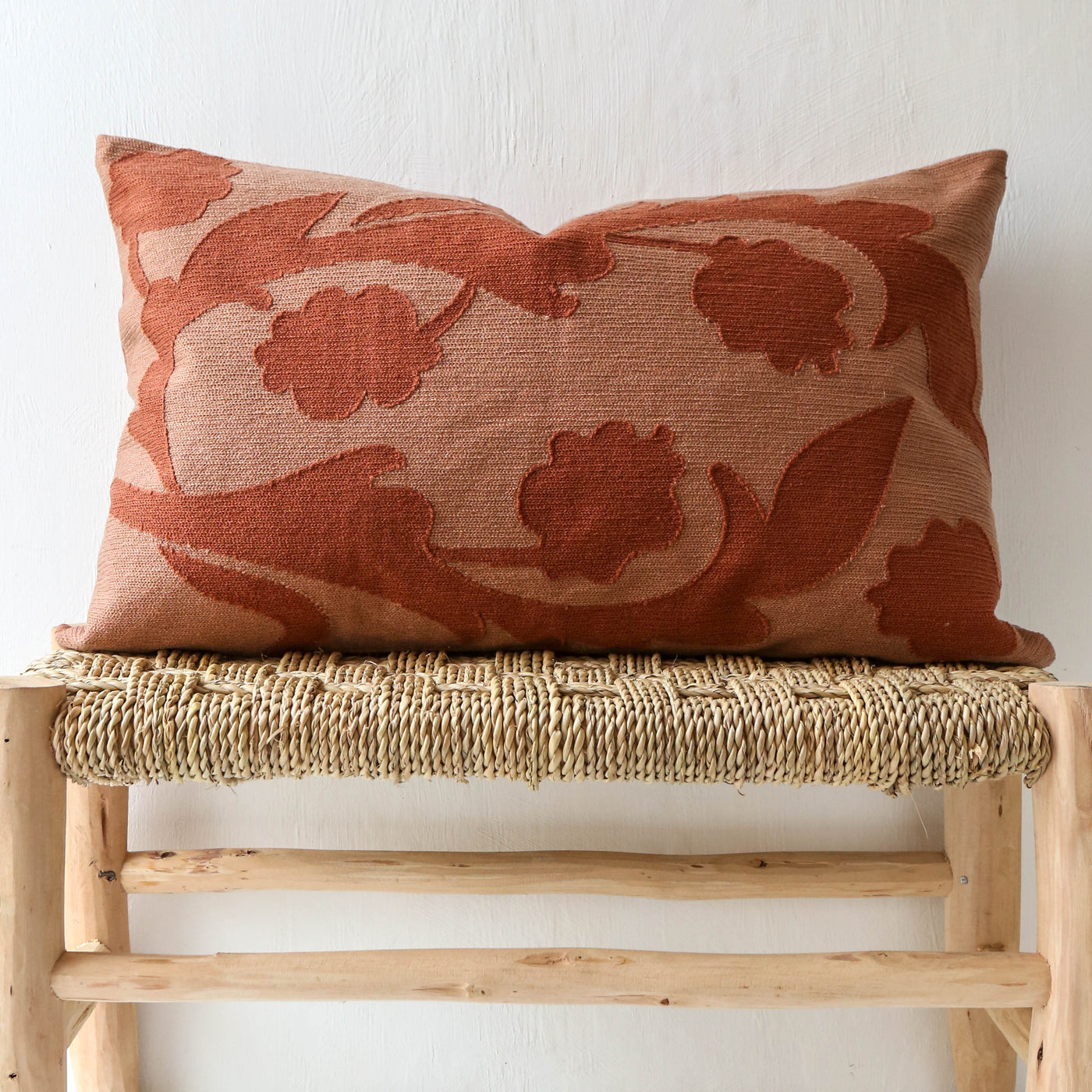 Oblong Floral Embroidered Cotton Cushion Cover - Mocha