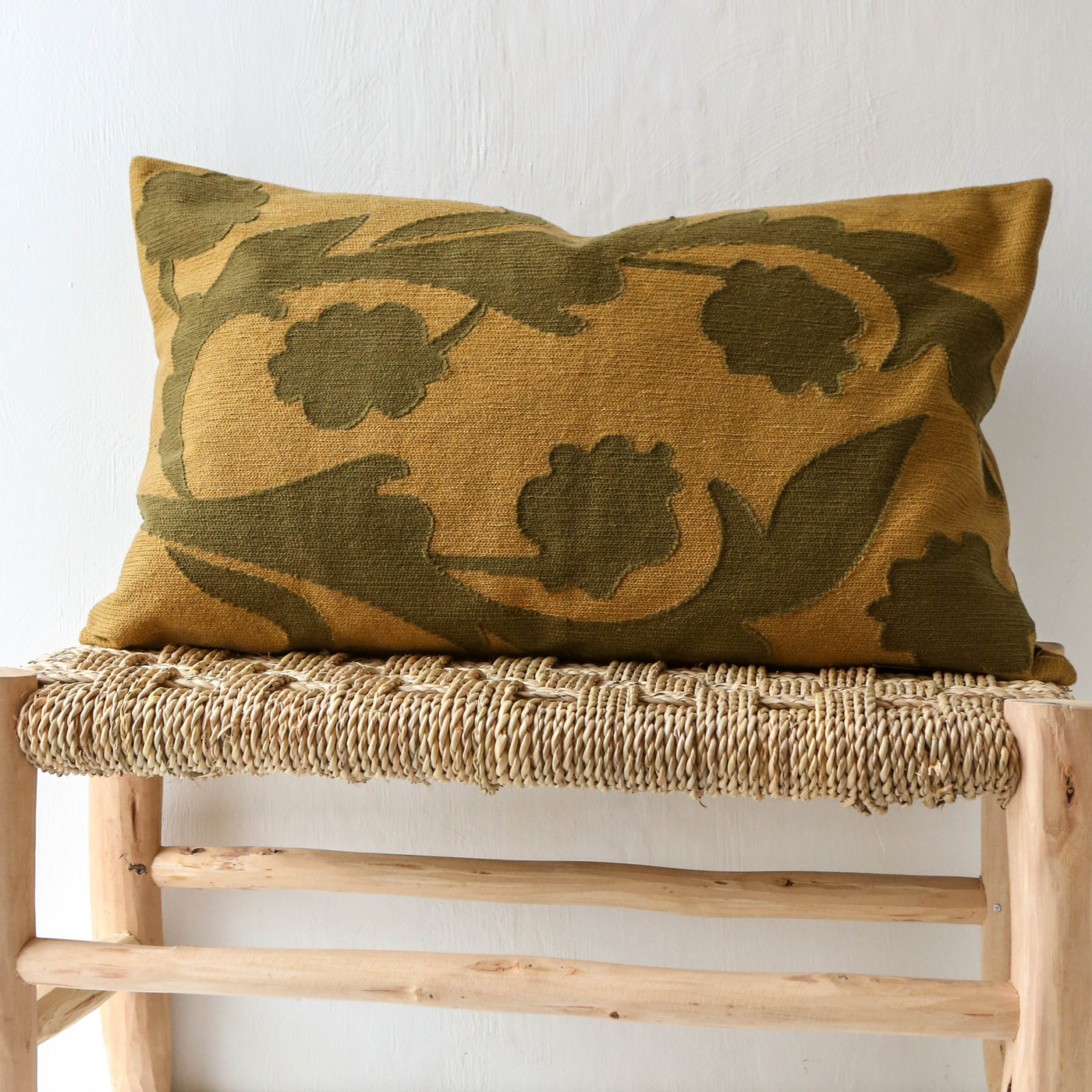 Oblong Floral Embroidered Cotton Cushion Cover - Gold