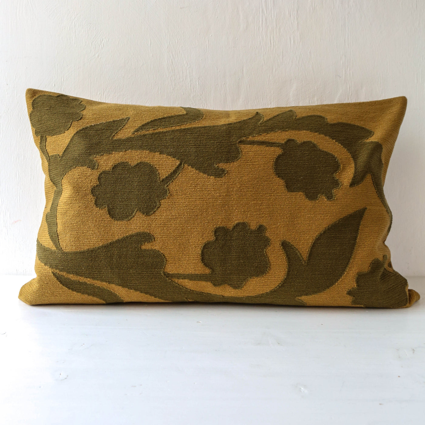 Oblong Floral Embroidered Cotton Cushion Cover - Gold