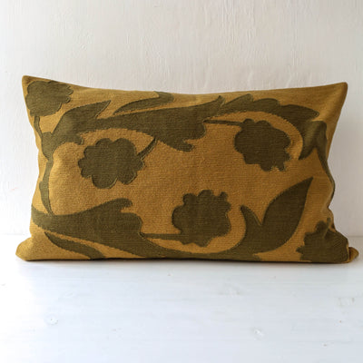 Oblong Floral Embroidered Cotton Cushion Cover - Gold