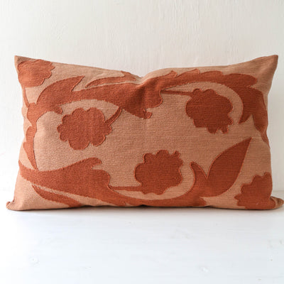 Oblong Floral Embroidered Cotton Cushion Cover - Mocha