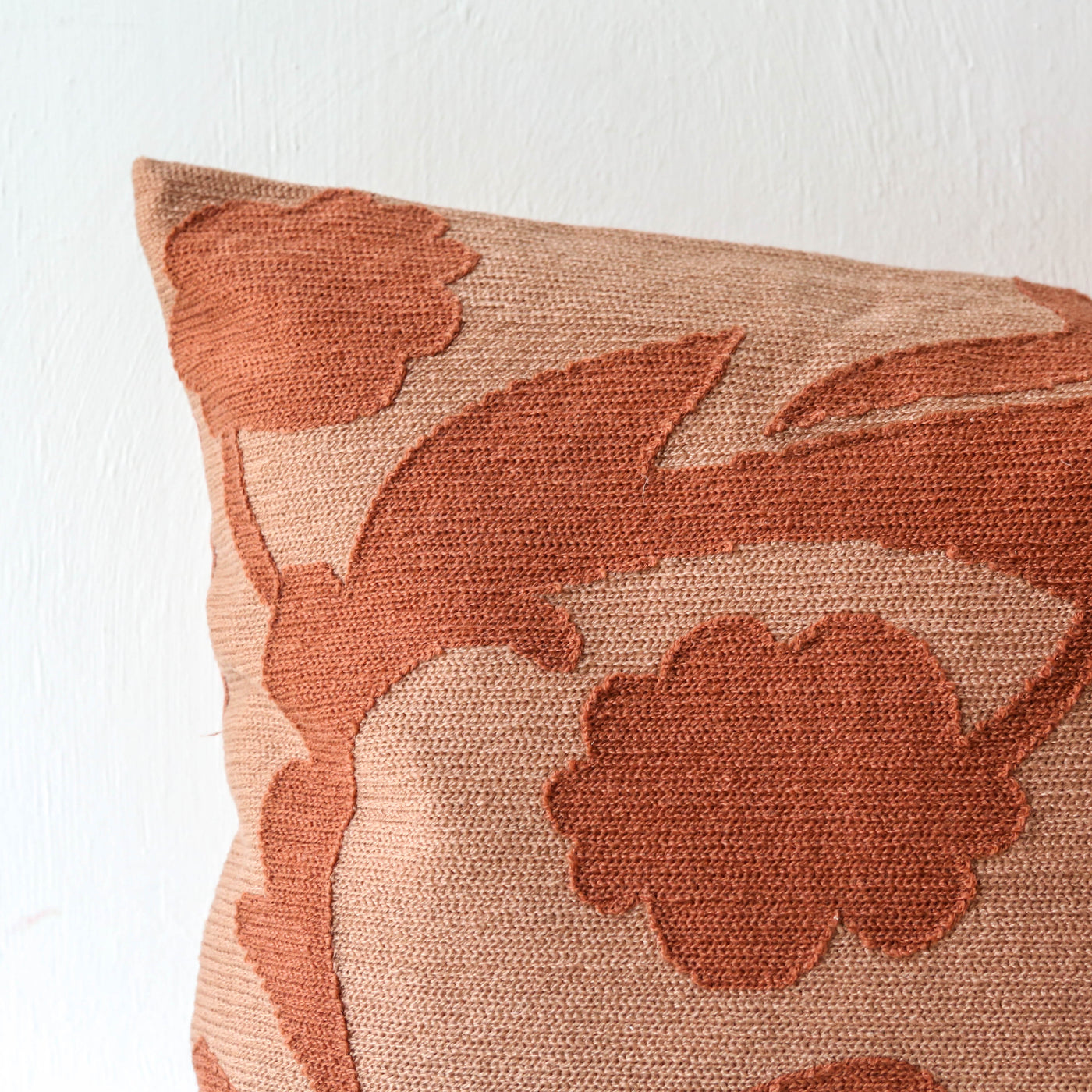 Oblong Floral Embroidered Cotton Cushion Cover - Mocha