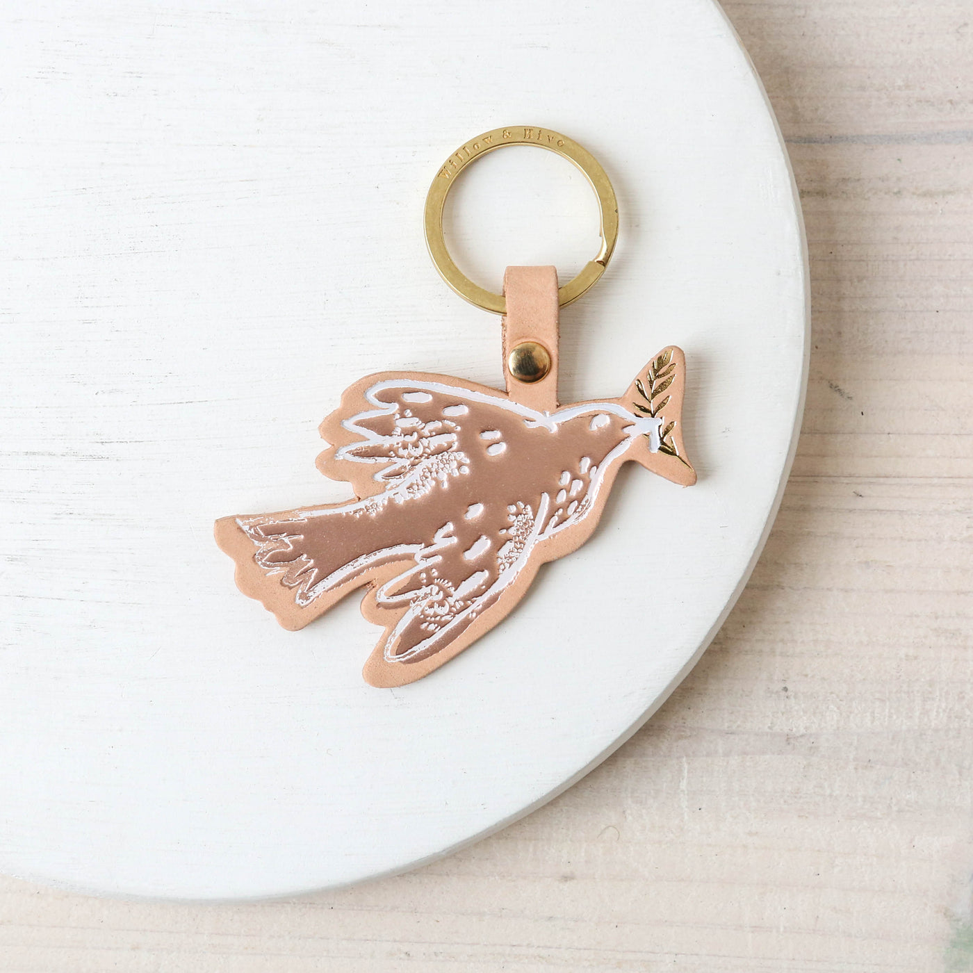 Embossed Leather Peace Dove Keyring