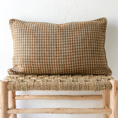 Oblong Piped Linen Cushion Cover - Gold Check