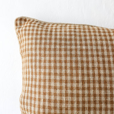 Oblong Piped Linen Cushion Cover - Gold Check