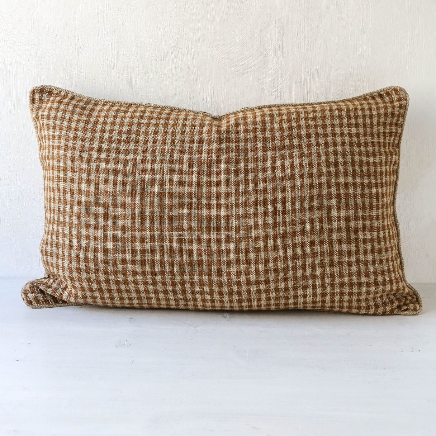Oblong Piped Linen Cushion Cover - Gold Check