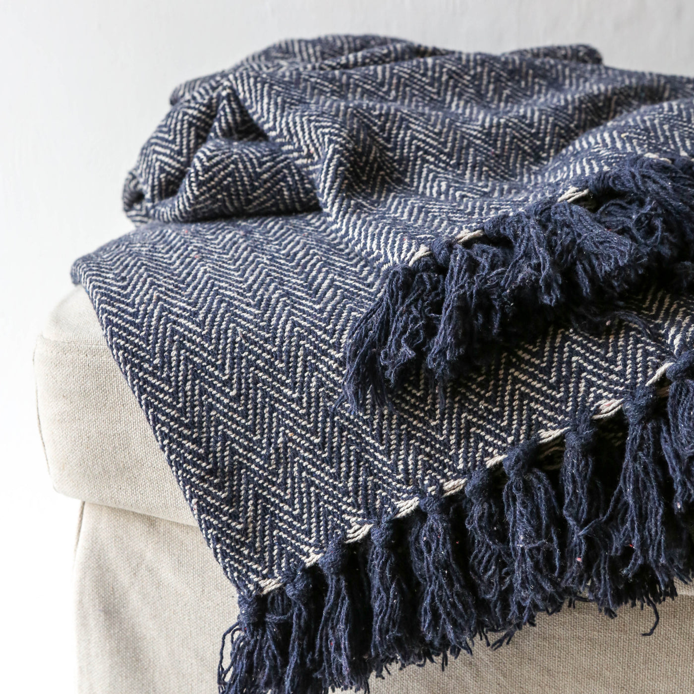Herringbone Recycled Cotton Throw - Navy