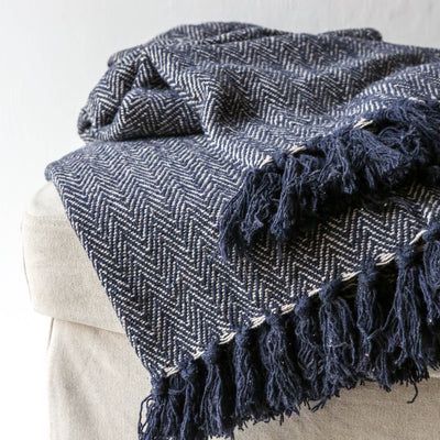 Herringbone Recycled Cotton Throw - Navy