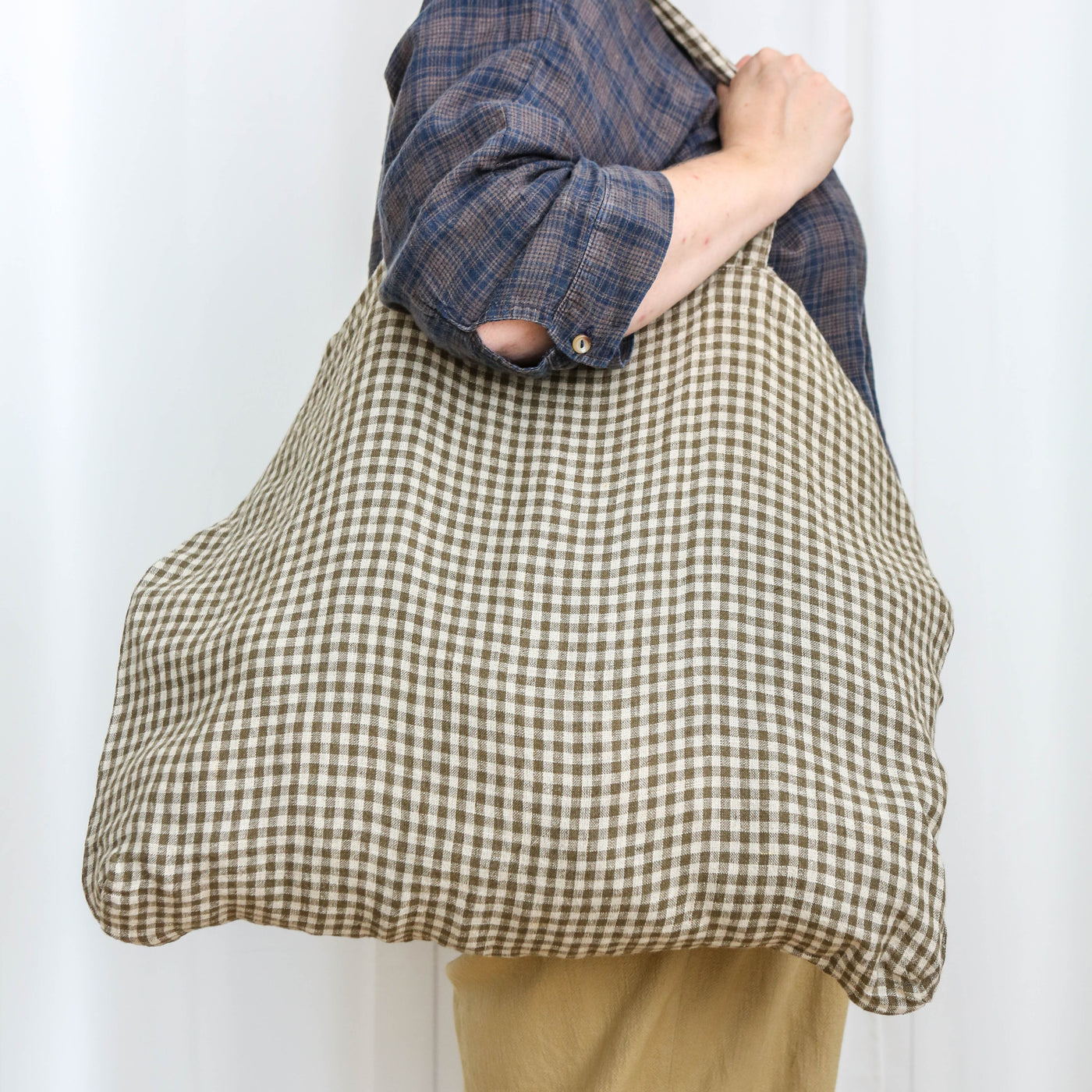 Washed Linen Sloppy Shoulder Bag - Khaki Check