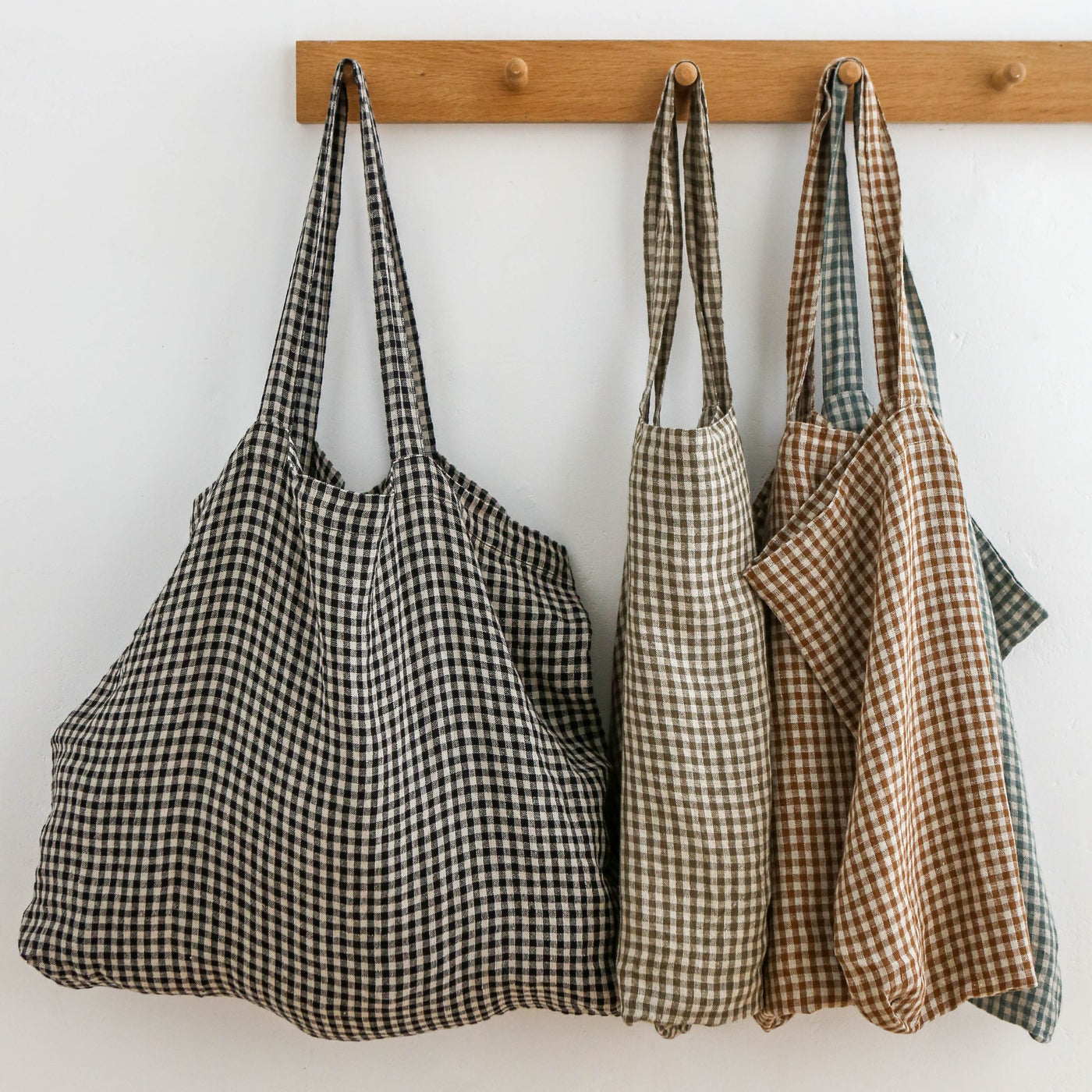 Washed Linen Sloppy Shoulder Bag - Khaki Check