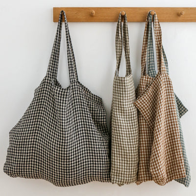 Washed Linen Sloppy Shoulder Bag - Gold Check