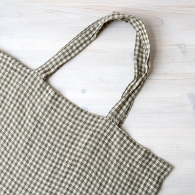 Washed Linen Sloppy Shoulder Bag - Khaki Check