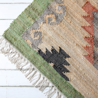 Green, Blue and Coral Kelim Woven Rug - 120 x 180cm