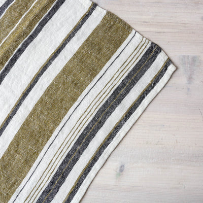 Washed Linen White Stripe Tea Towel - Olive