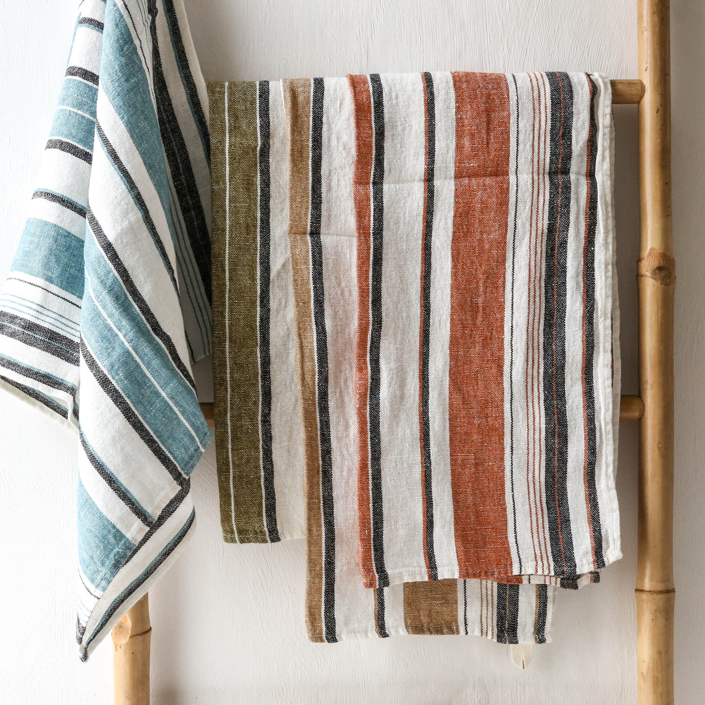 Washed Linen White Stripe Tea Towel - Olive