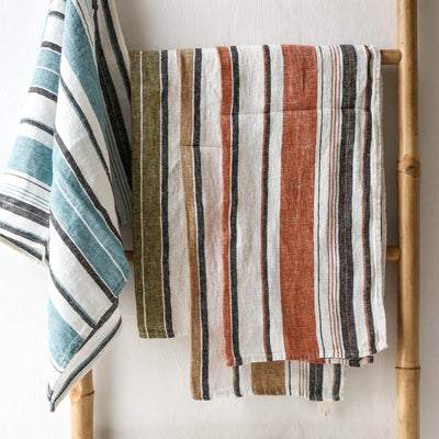 Washed Linen White Stripe Tea Towel - Olive