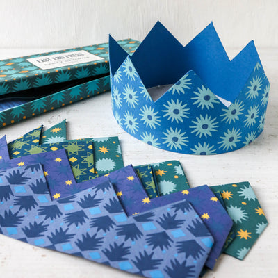 6 Screen Printed Paper Crowns - Blue