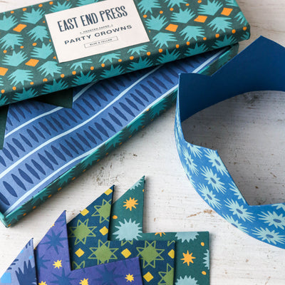 6 Screen Printed Paper Crowns - Blue