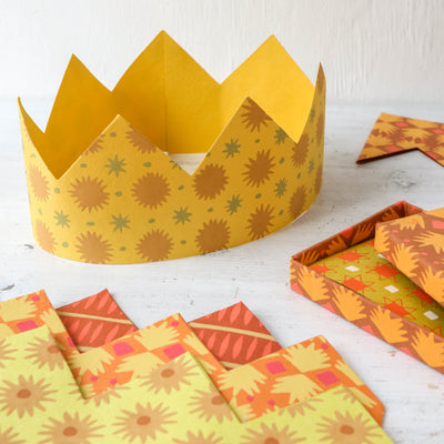 6 Screen Printed Paper Crowns - Yellow