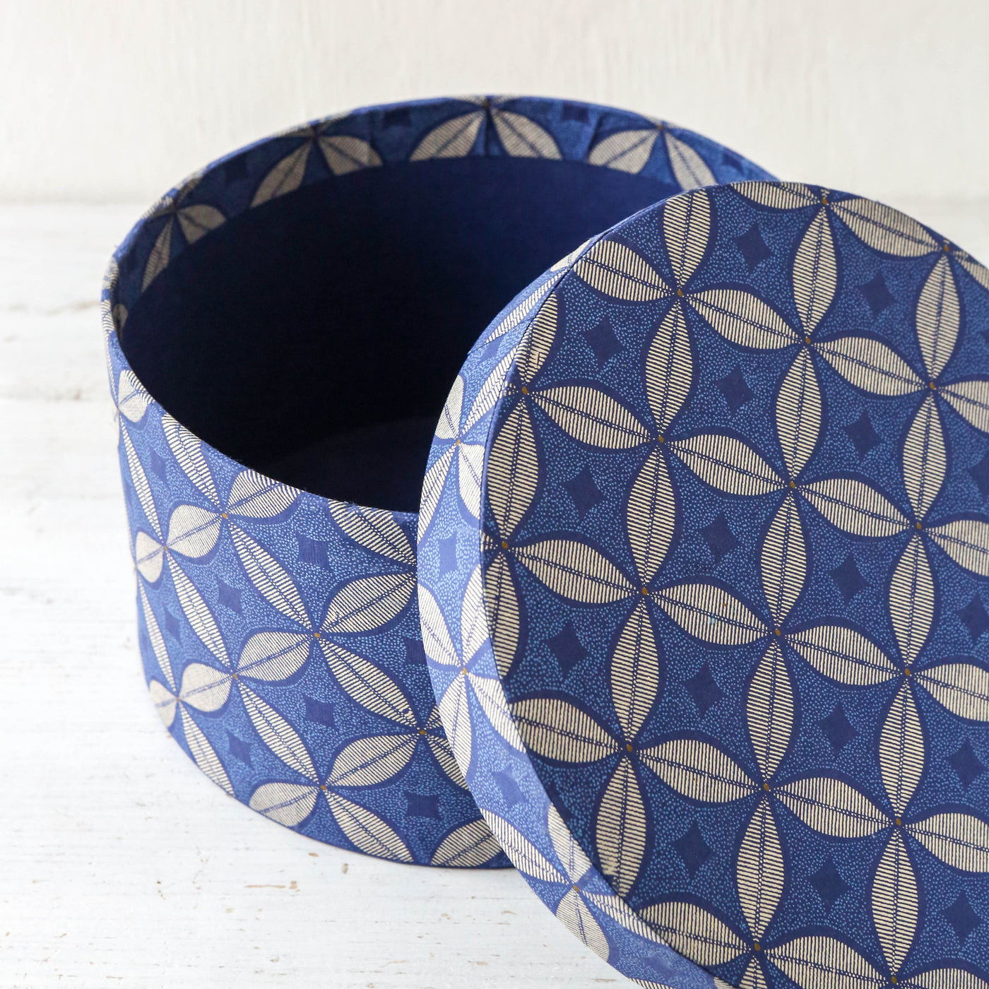 Round Covered Storage Box in Arrah Indigo - Medium