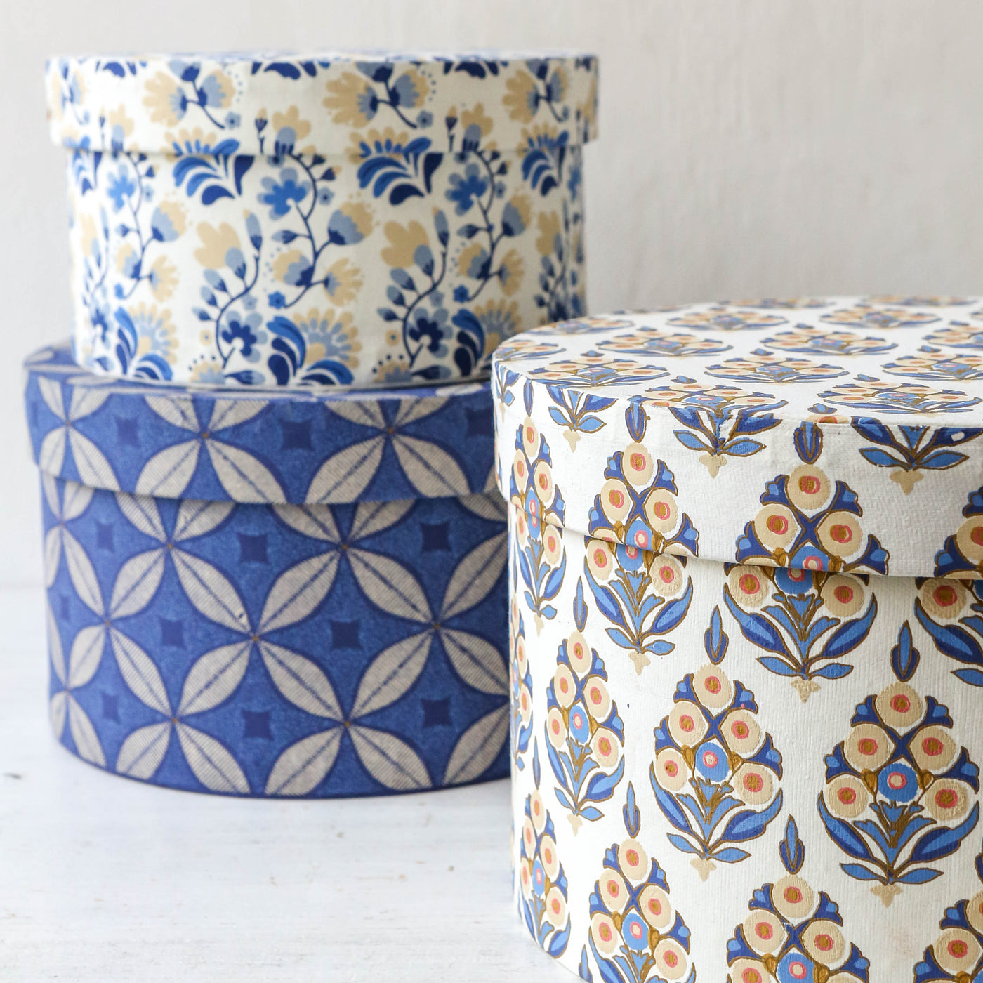 Round Covered Storage Box in Arrah Indigo - Medium