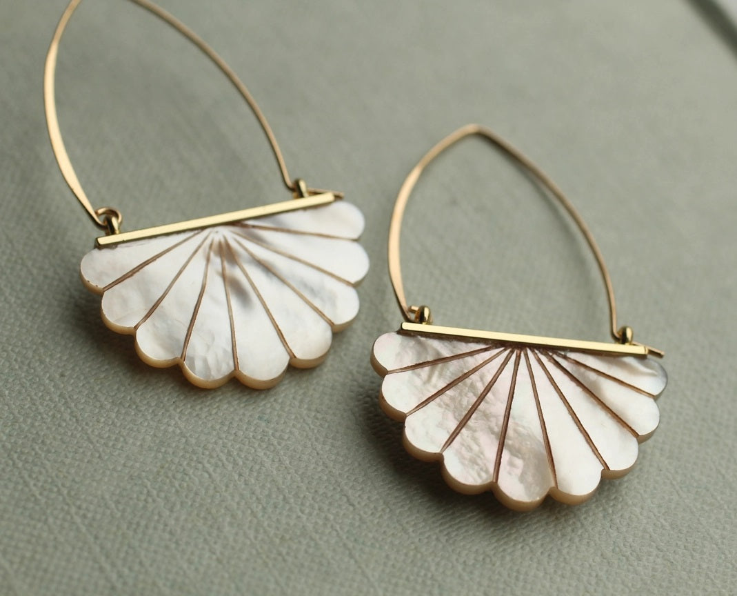 Mother of Pearl Art Deco Hoop Earrings - Gold