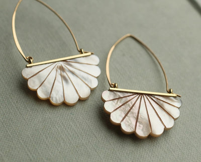 Mother of Pearl Art Deco Hoop Earrings - Gold