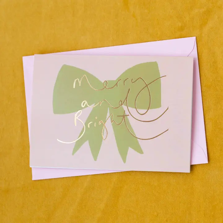 Merry and Bright Gold Bow Christmas Card