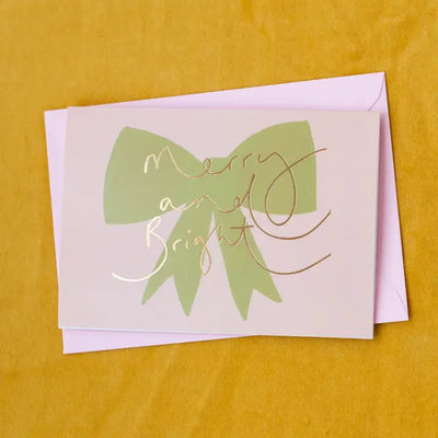 Merry and Bright Gold Bow Christmas Card