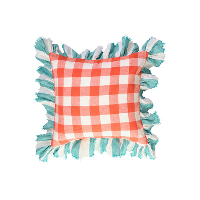 Cherry Gingham Linen Cushion Cover with Ruffle
