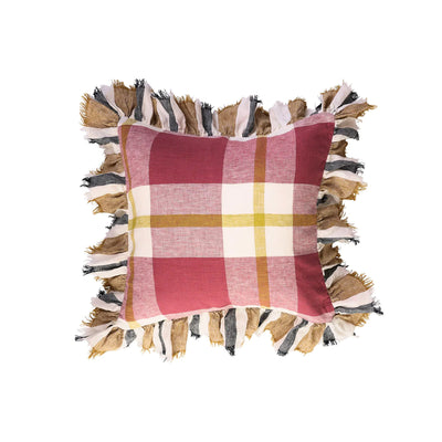 Plum Check Linen Cushion Cover with Ruffle