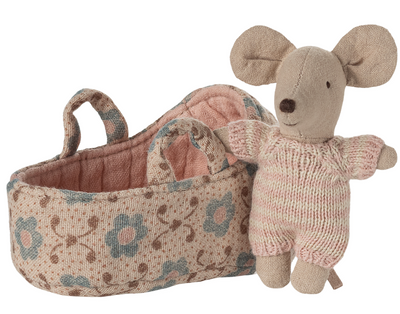 Maileg Baby Mouse In Carry Cot - Rose