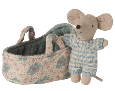 Maileg Baby Mouse In Carry Cot - Blue