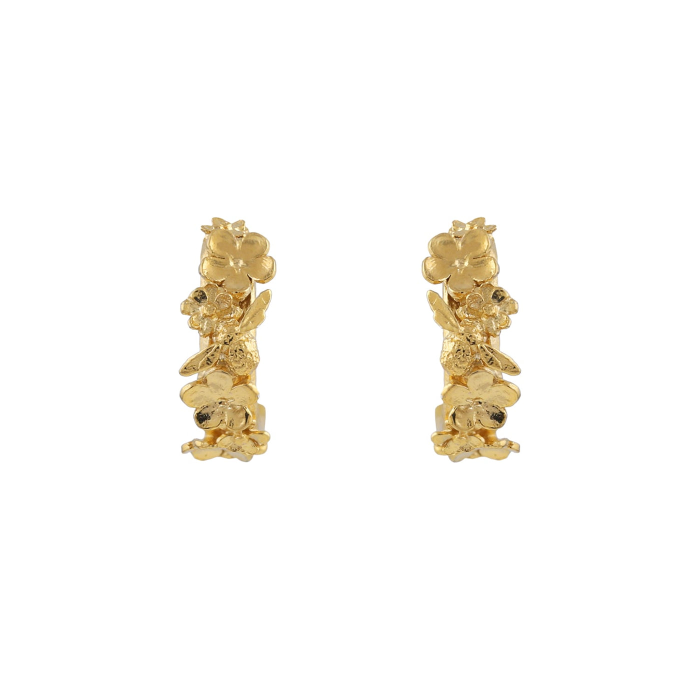 Floral Huggie Hoops with Itsy Bitsy Bee Earrings - Gold Plate