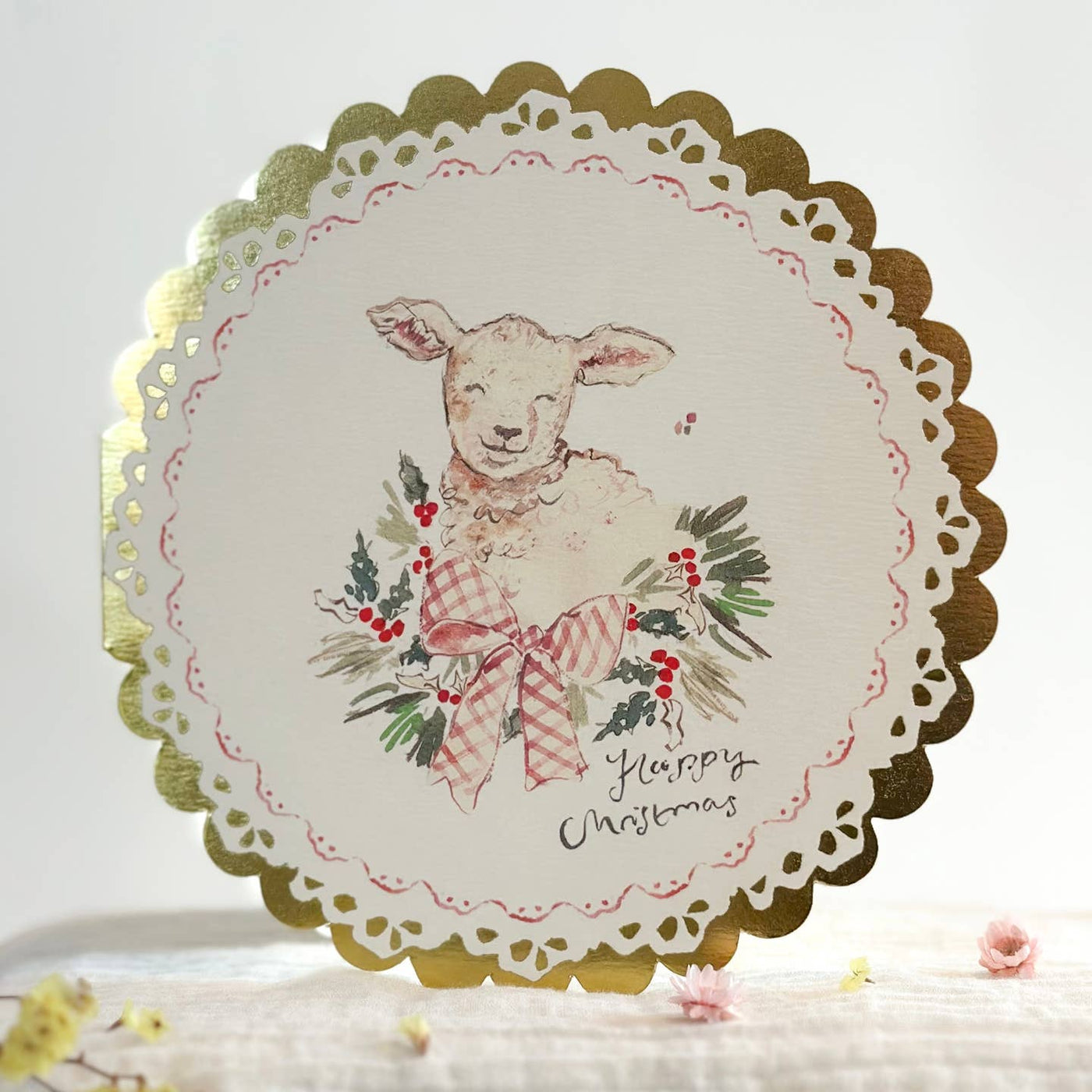 Christmas Lamb Card - Circular Gold Scalloped Card