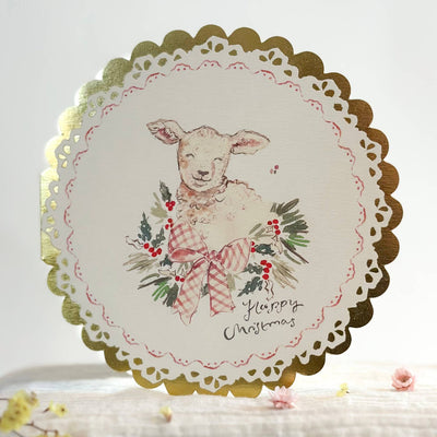 Christmas Lamb Card - Circular Gold Scalloped Card