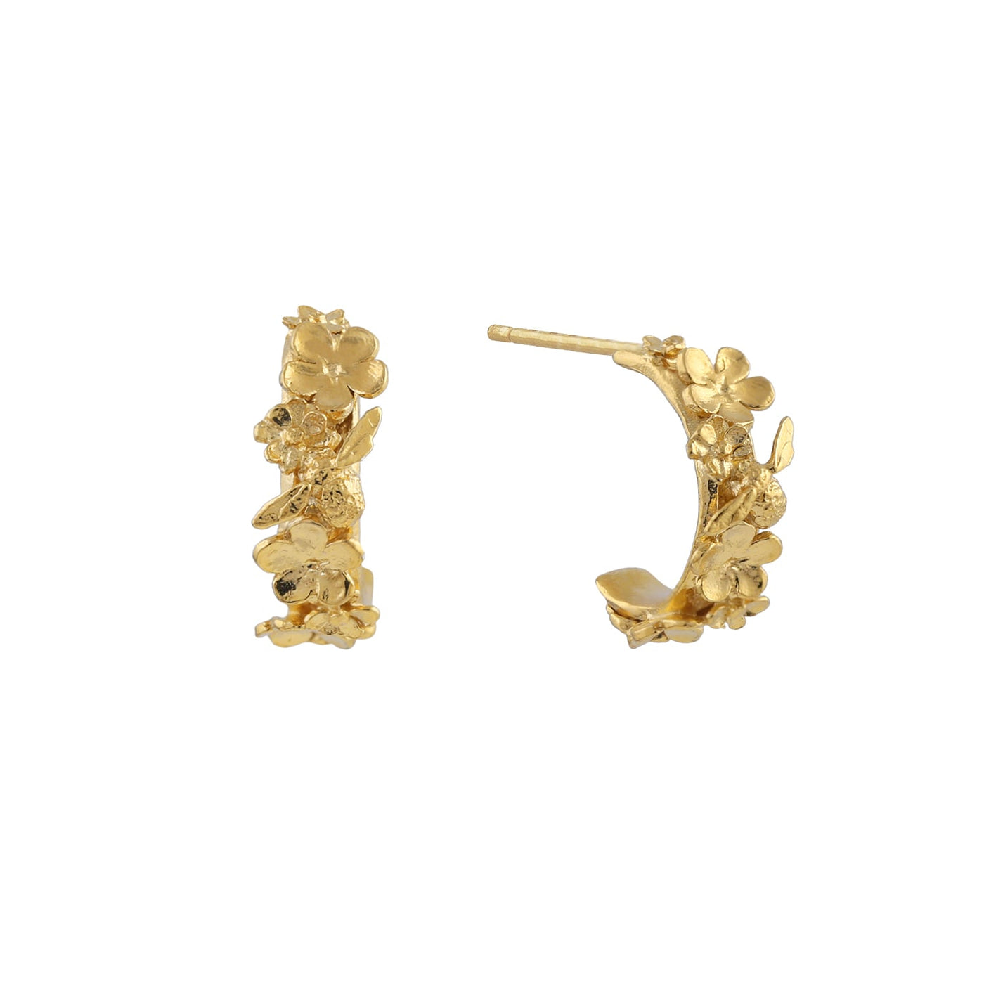 Floral Huggie Hoops with Itsy Bitsy Bee Earrings - Gold Plate