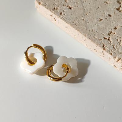 Shell Flower Hoop Earrings - White