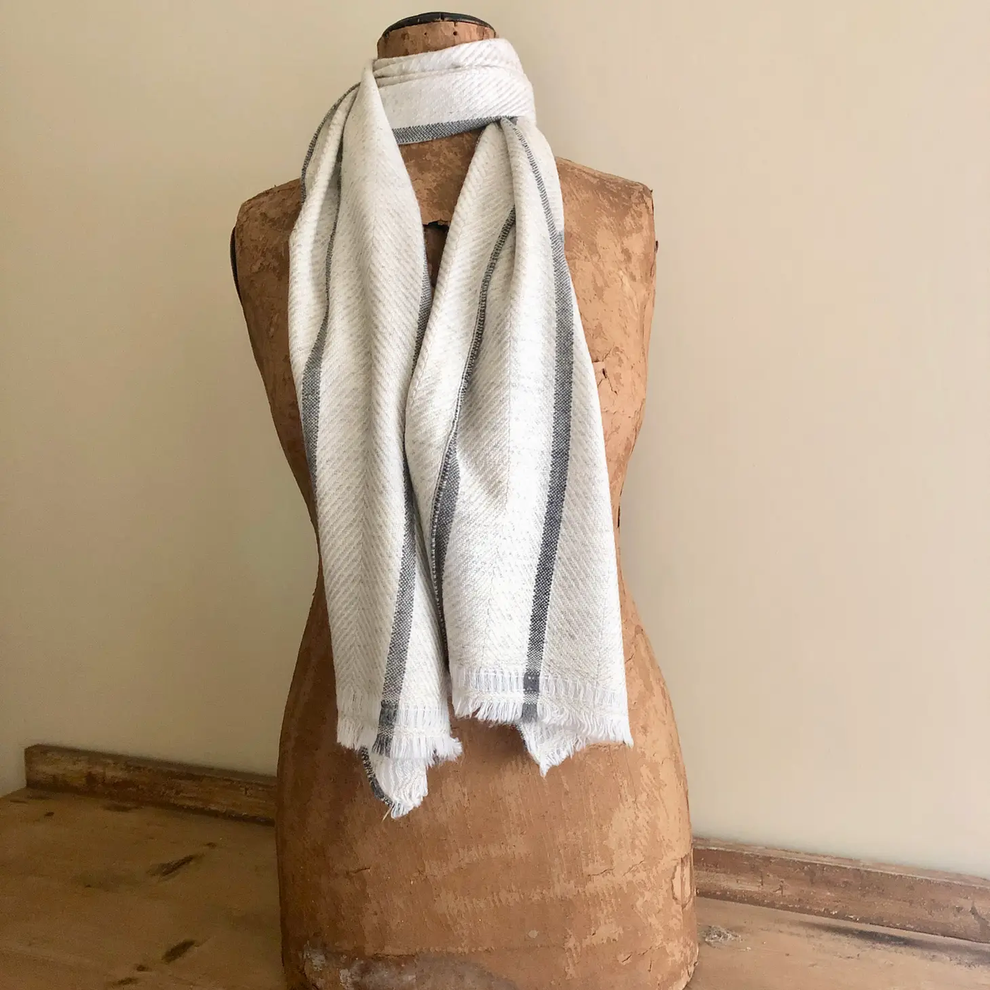 Ivory with Grey Stripe Wool Scarf