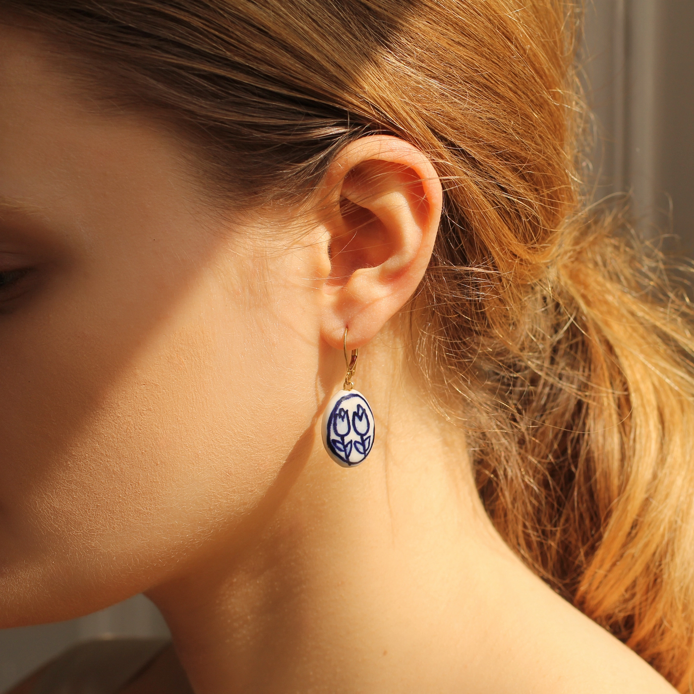 Oval Double Tulip Delft Blue Earrings