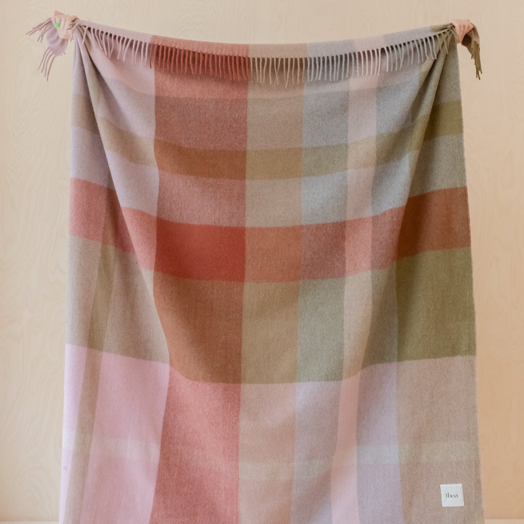Recycled Wool Blanket - Pink Oversized Patchwork Check